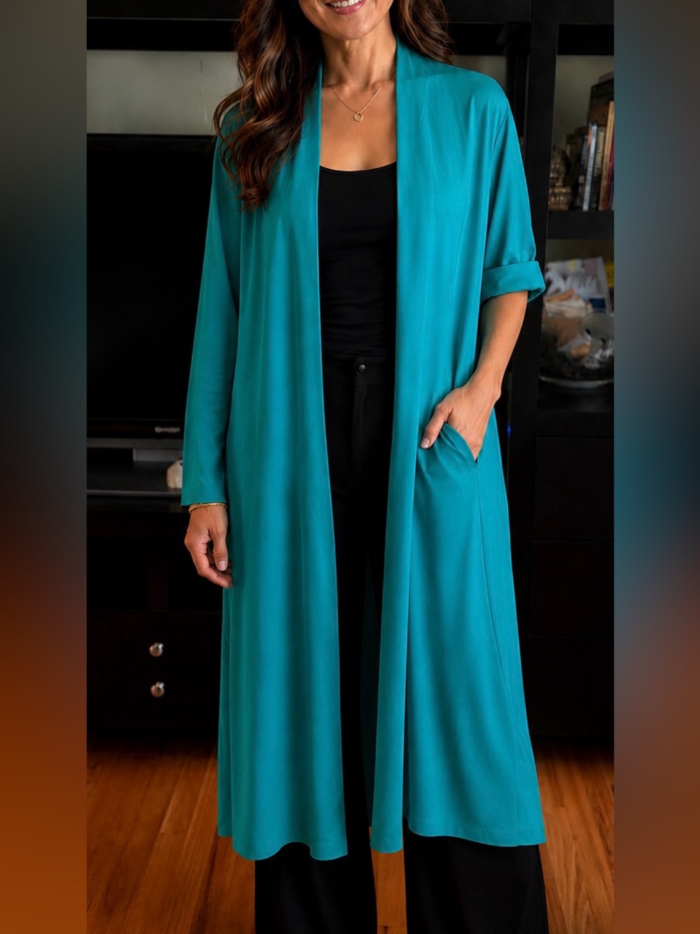 Teal Green Duster with pockets - 100% Rayon, One Size